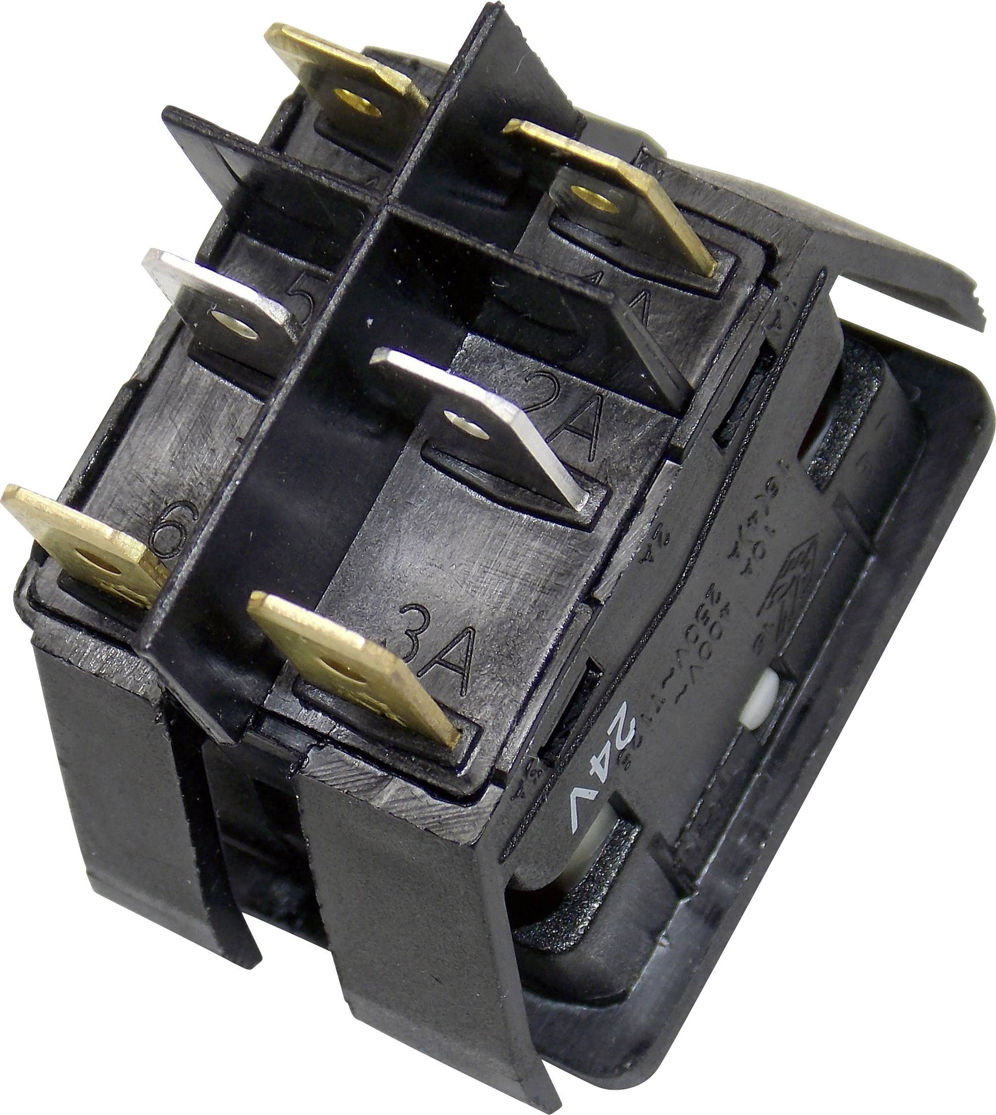 Ein schwarzer Kippschalter mit sechs Metallanschlüssen. Auf dem Schalter sind die Zahlen '2A', '6A', '3A' aufgedruckt.