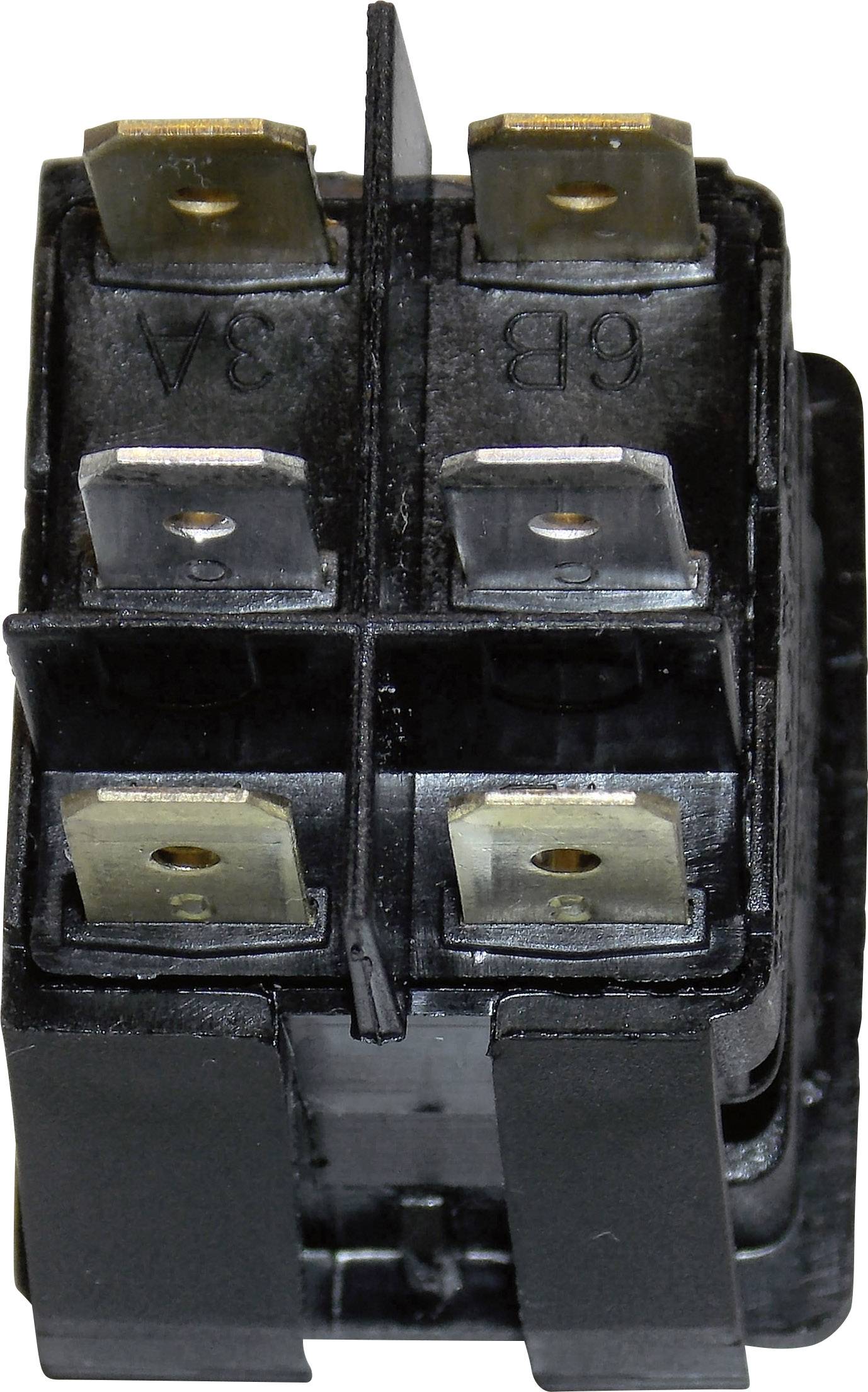 Ein schwarzer Schalter mit vier metallischen Kontakten, nummeriert 3A und 6B, wahrscheinlich für elektrische oder mechanische Geräte.