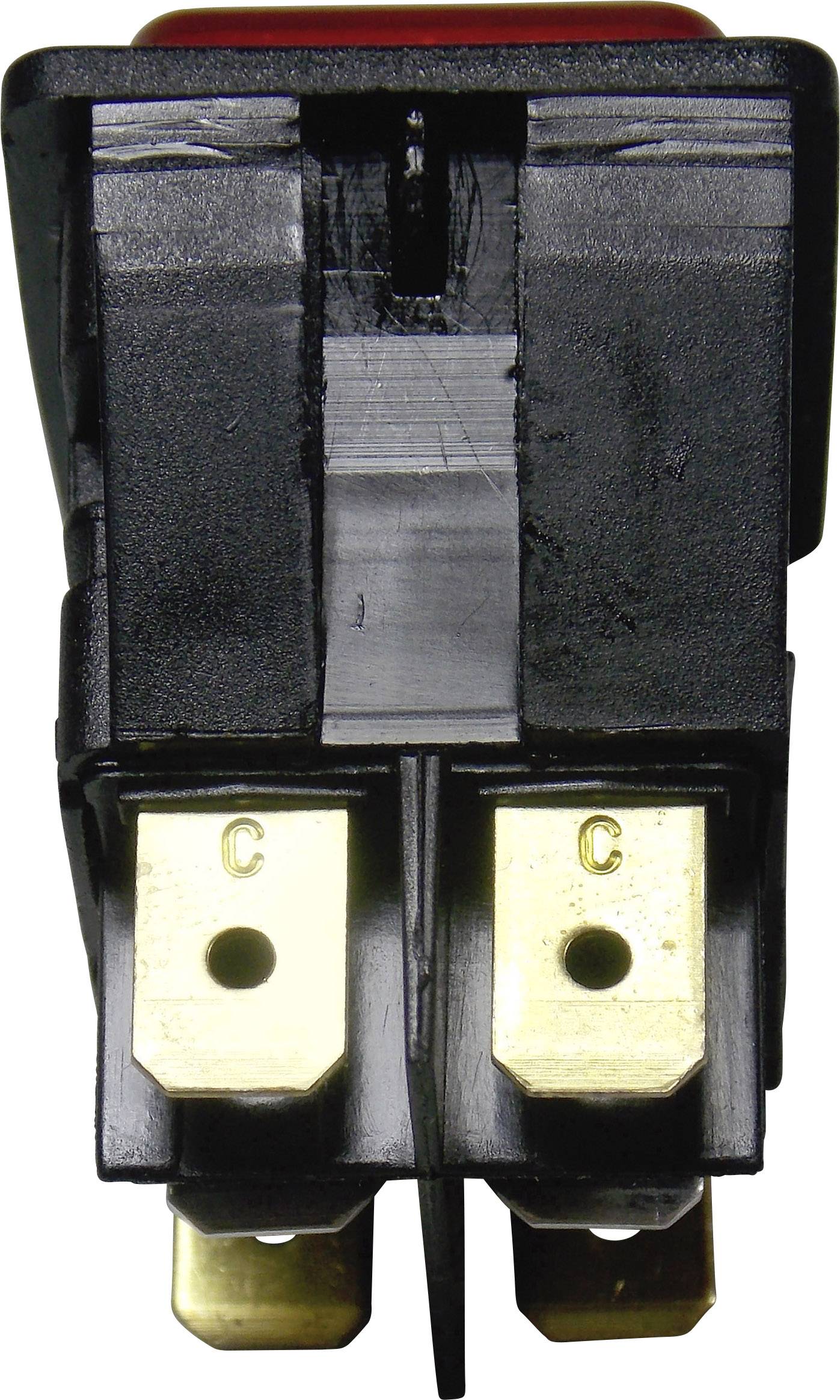 Elektrischer Druckschalter in Schwarz und Gold mit zwei Metallanschlüssen. Er dient zur Steuerung von Stromkreisen.