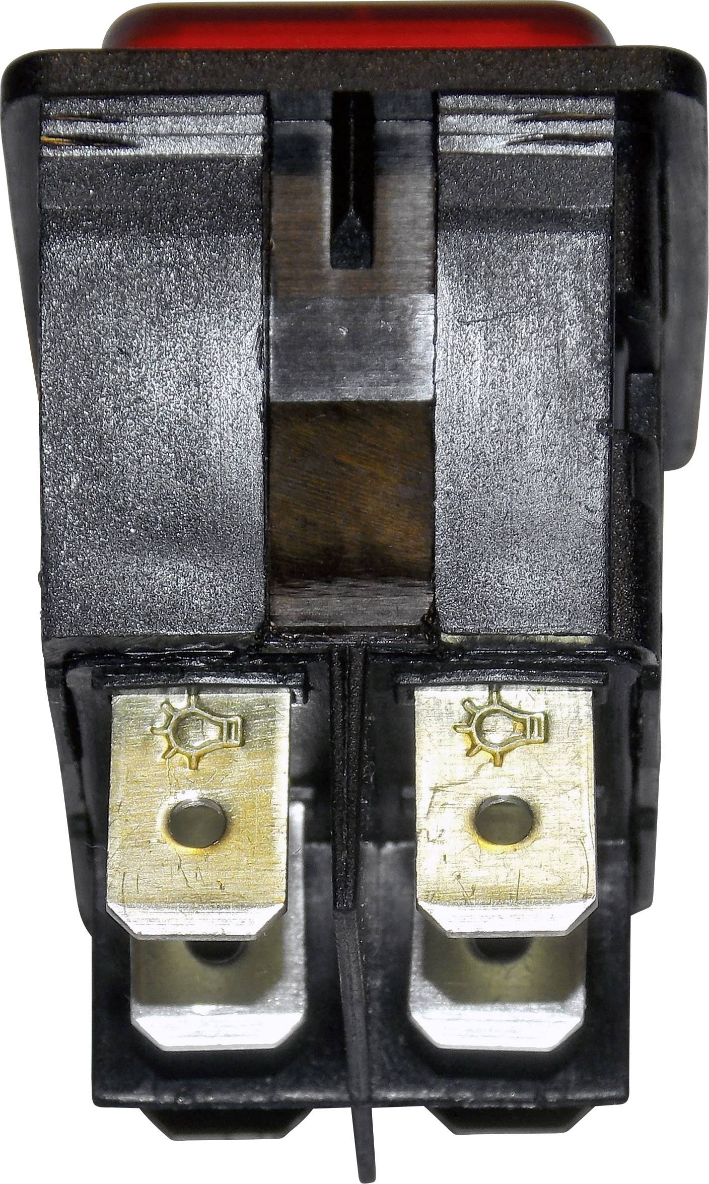 'Nahaufnahme eines schwarzen elektrischen Schalters mit zwei metallischen Kontakten und rotem Knopf an der Oberseite.'