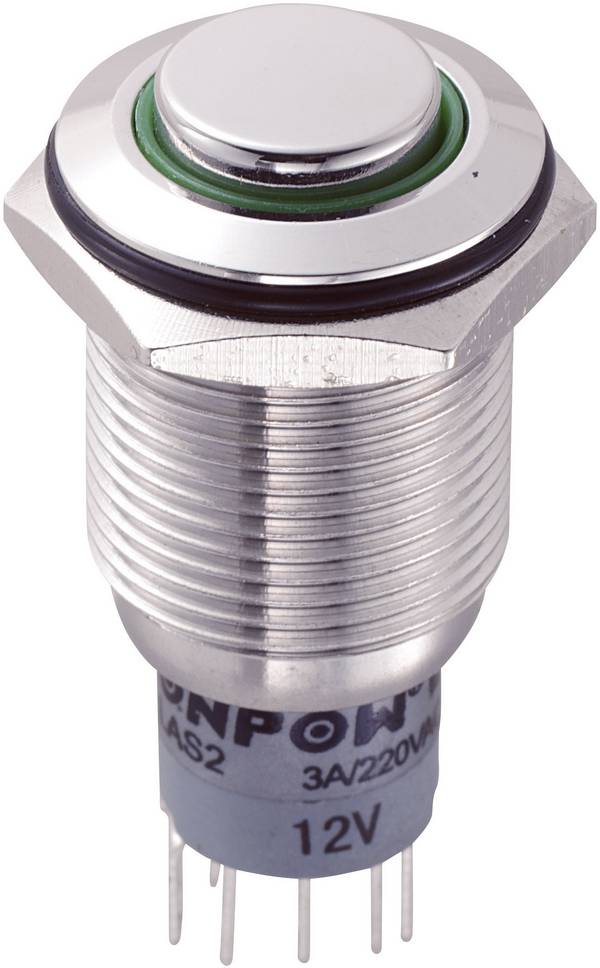 TRU COMPONENTS 701795 LAS2GQH-22E/G/12V/S/P Vandalismusgeschützter Drucktaster 250 V/AC 3 A 2 x Ein/(Ein) tastend Grün  IP65 1 St.