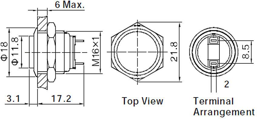 Diagramm eines Gerätesteckers: Seitenansicht und Draufsicht mit Maßen. Durchmesser 18, Höhe 6. Bezeichnung: M16x1.