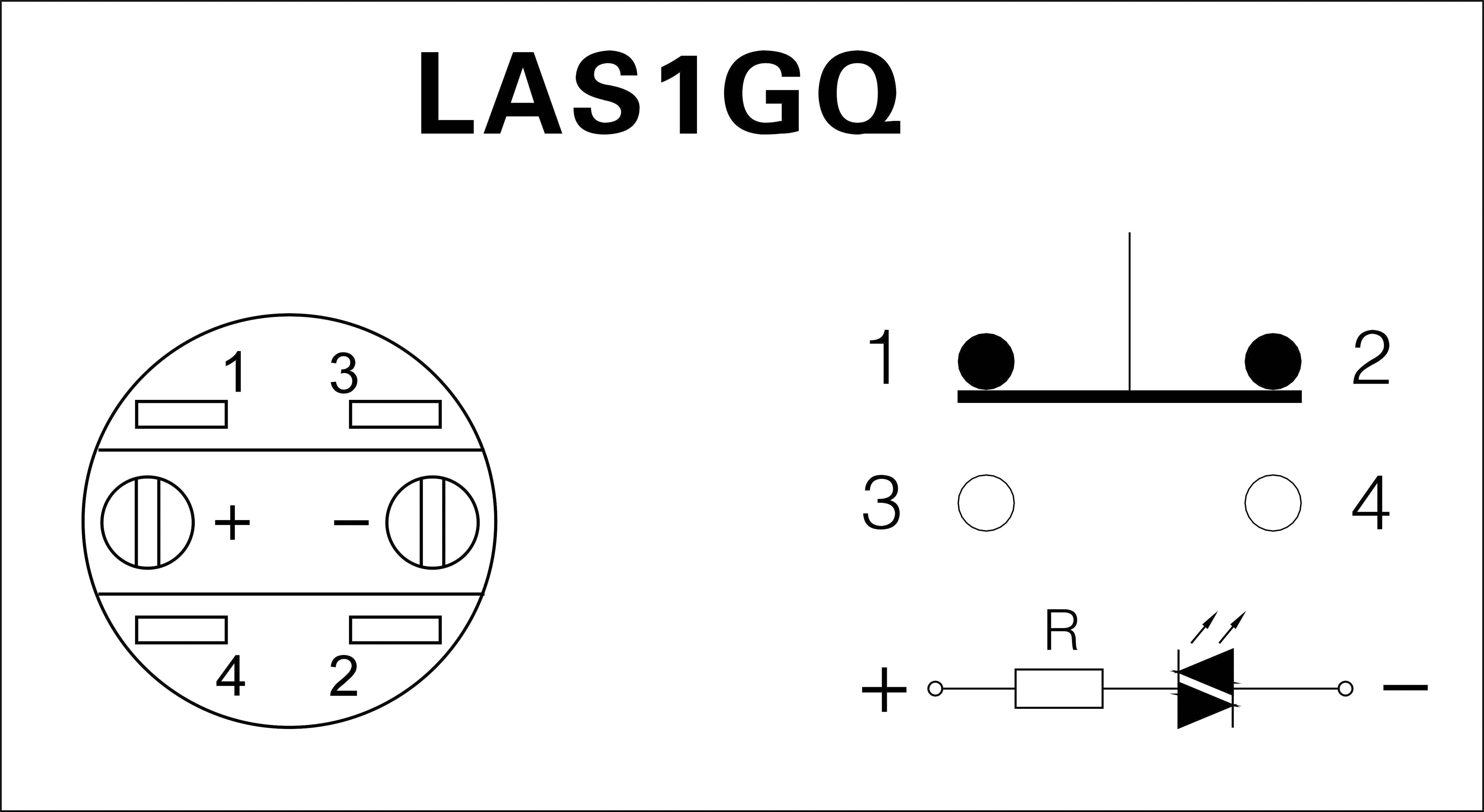 'LAS1GQ' Schaltplan mit Anschlussdiagramm für einen runden Stecker. Anschlüsse 1 bis 4 markiert, mit Gleichrichter und Widerstand.