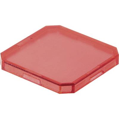 Rotes Kunststoff-Quadrat, leicht gewölbt, möglicherweise Teil eines Spiels oder Puzzles, auf weißem Hintergrund.