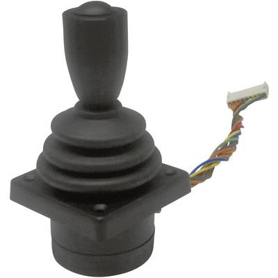 Ein schwarzer Joystick mit rechteckiger Basis und buntem Kabel; dient zur Steuerung von Geräten oder Maschinen.