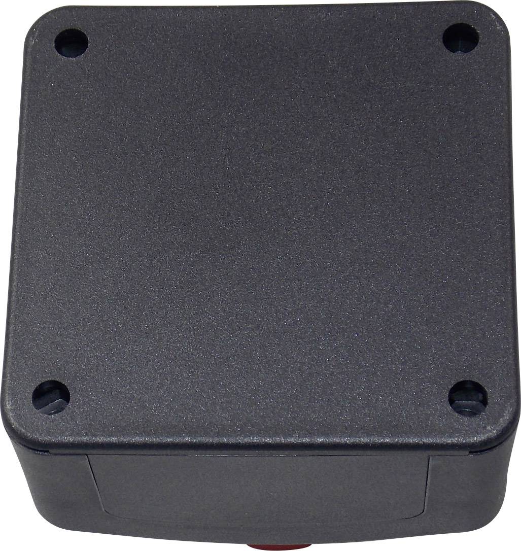 Eine schwarze quadratische Box mit vier Schraublöchern, vermutlich ein Gehäuse für elektronische Geräte oder Schaltungen.