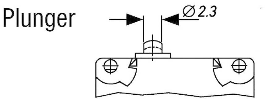 Diagramm eines Stößels mit einer Länge von 2,3 mm und Schrauben an den Seiten, darauf das Wort 'Plunger'.