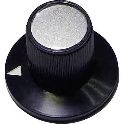 Ein schwarzer Drehknopf mit geriffelter Oberfläche und silberner Oberseite. Links vom Knopf ist ein kleiner weißer Pfeil zu sehen.