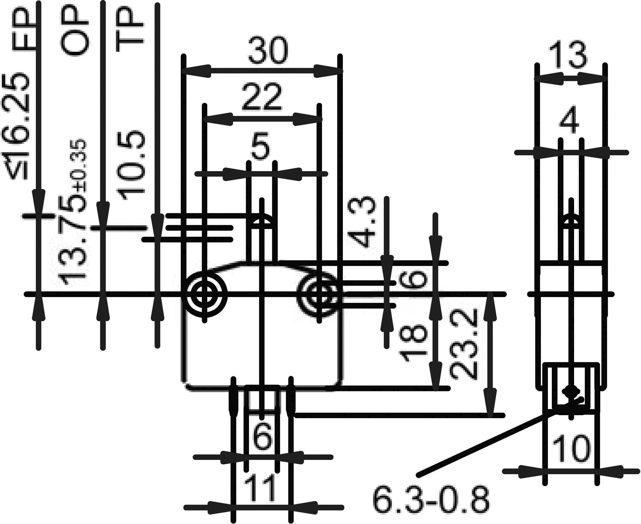 Technische Zeichnung eines Bauteils mit detaillierten Bemaßungen in Millimetern. Zeigt verschiedene Längen- und Breitenangaben.