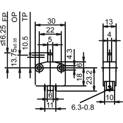 Technische Zeichnung eines Bauteils mit detaillierten Bemaßungen in Millimetern. Zeigt verschiedene Längen- und Breitenangaben.