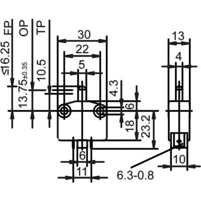 Technische Zeichnung eines mechanischen Bauteils, zeigt Maße in Millimetern. Wichtig sind Breite, Höhe und Abstand der Befestigungslöcher.