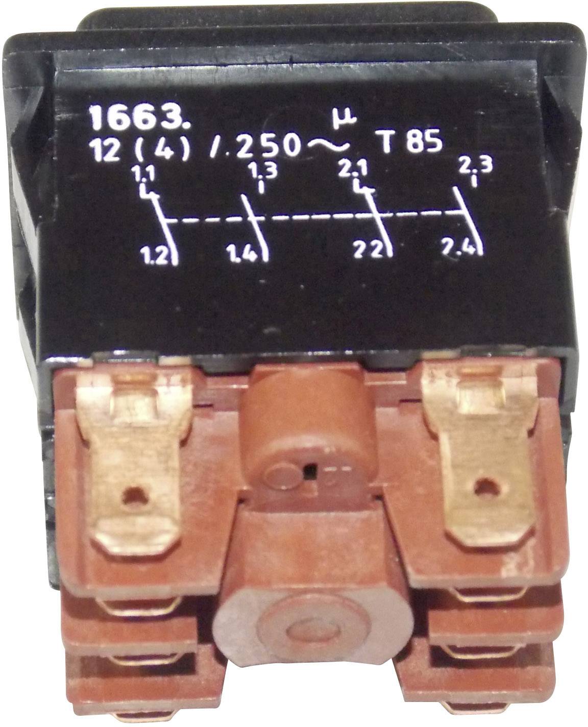 'Schwarzes elektronisches Bauteil mit metallischen Anschlüssen und weißen technischen Beschriftungen oben auf der Oberfläche.'