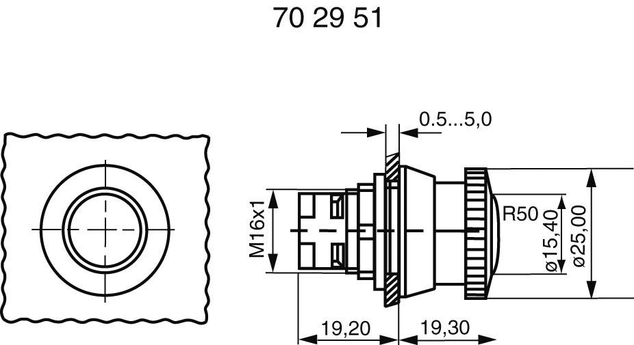 Technische Zeichnung eines runden Bauteils mit Maßen, Gewinde M16x1, Durchmesser 25 mm, Tiefe 19,20 mm, Rundung R50 mm.
