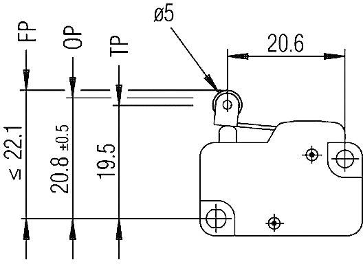 Technische Zeichnung eines rechteckigen Bauteils mit Abmessungen. Wichtige Maße: Länge 20,6 mm, Höhe ≤ 22,1 mm, Lochdurchmesser Ø5 mm.