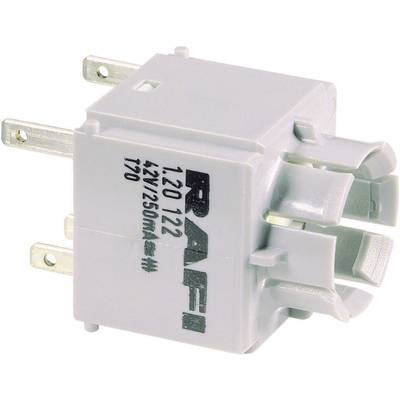 Ein rechteckiges, graues elektrisches Bauelement mit drei Metallstiften an der Seite. Aufschrift: 'RAFI 1.20122 12V/250mA'.