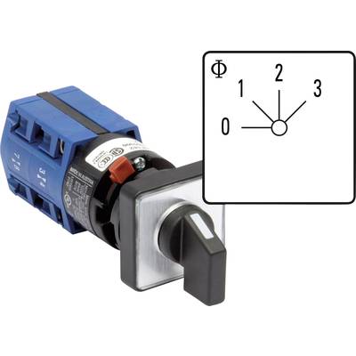 Drehschalter mit blauem Gehäuse und einem Diagramm mit den Positionen 0, 1, 2, 3. Zeigt mögliche Schaltpositionen an.