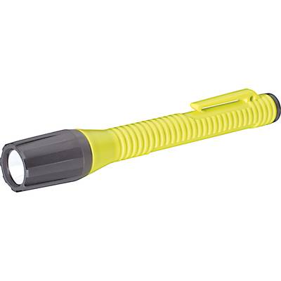 Gelbe Taschenlampe mit schwarzem Kopf und Clip, in diagonaler Ansicht.