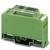 Grünes elektronisches Bauteil mit transparentem Oberteil, geeignet für die Montage auf einer Hutschiene, mit vier Anschlüssen oben.