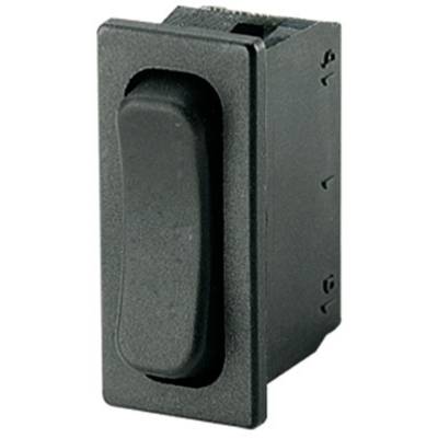 Ein schwarzer Kippschalter, rechteckig, in neutraler Position. Geeignet für elektronische Geräte zur An- und Ausschaltfunktion.