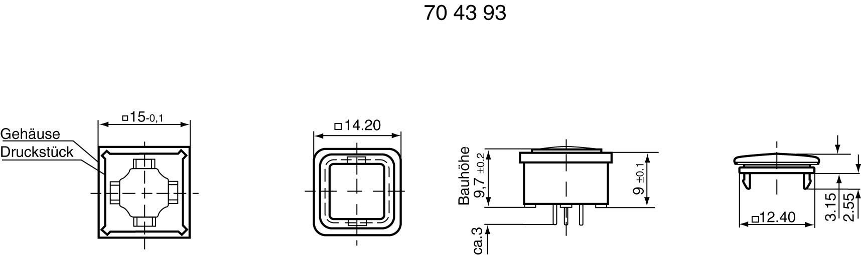 Technische Zeichnung eines quadratischen Schalters mit Maßen. Zeigt Vorder- und Seitenansicht, Durchmesser und Bauhöhe.