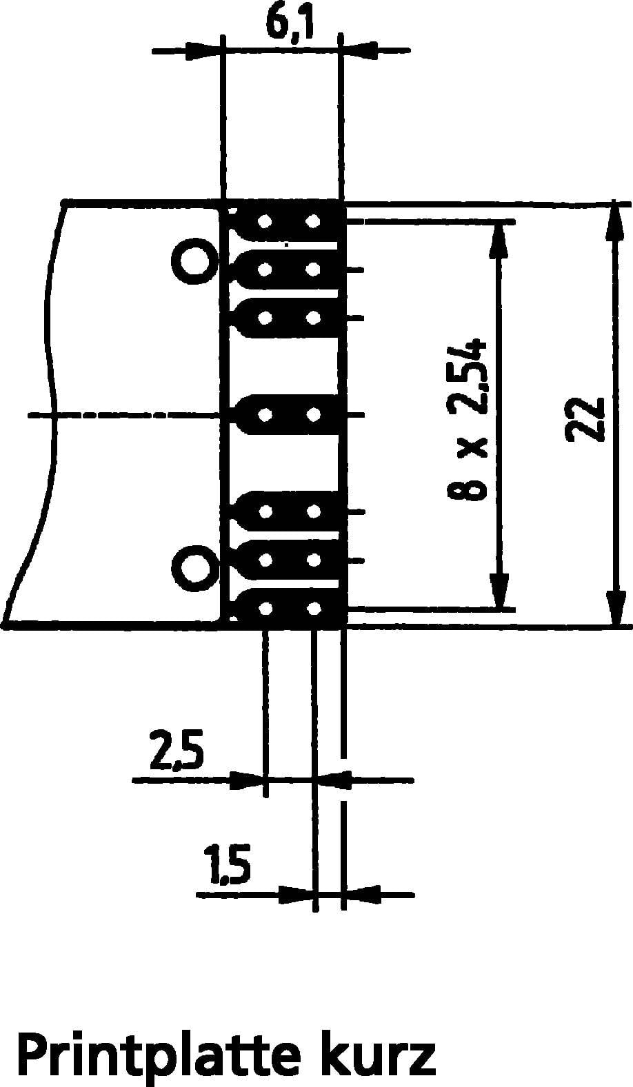 Technische Zeichnung einer kurzen Platine mit Maßen: 6,1 mm Breite, 22 mm Länge. Beschriftet mit 'Printplatte kurz'.