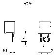 Technische Zeichnung eines elektrischen Bauteils mit Anschlusspins. Links ein Querschnitt, rechts Ansicht der drei Pins.