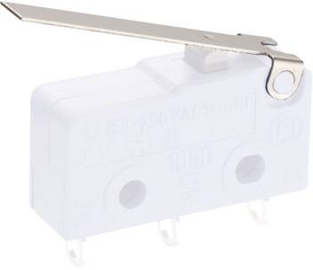 Mikroschalter mit Hebelarm, weißes Gehäuse, drei Anschlüsse darunter. Hauptfunktion: elektrische Signale bei Bewegung schalten.