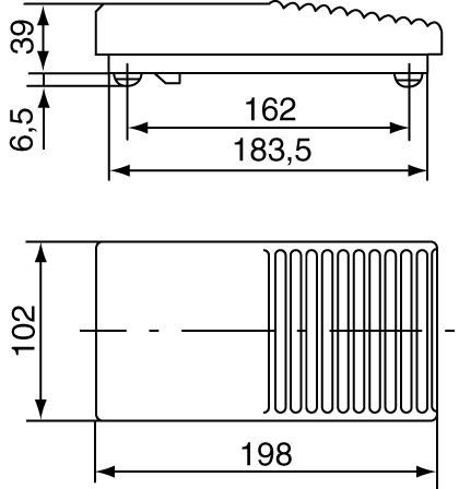 Technische Zeichnung einer rechteckigen Komponente mit Maßen: Höhe 39, Länge 198, Breite 102 mm. Weitere Details zur Verschraubung und Kühlrippen.