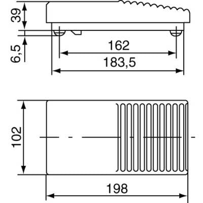 Technische Zeichnung einer rechteckigen Komponente mit Maßen: Höhe 39, Länge 198, Breite 102 mm. Weitere Details zur Verschraubung und Kühlrippen.