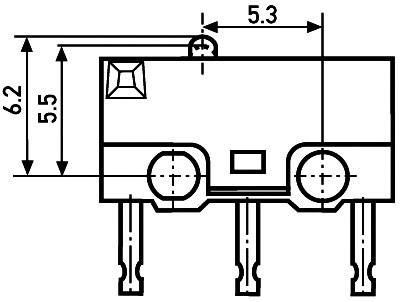 Ein technisches Diagramm zeigt die Abmessungen eines elektronischen Bauteils mit drei Pins. Messungen: Höhe 6,2 mm, Breite 5,3 mm.
