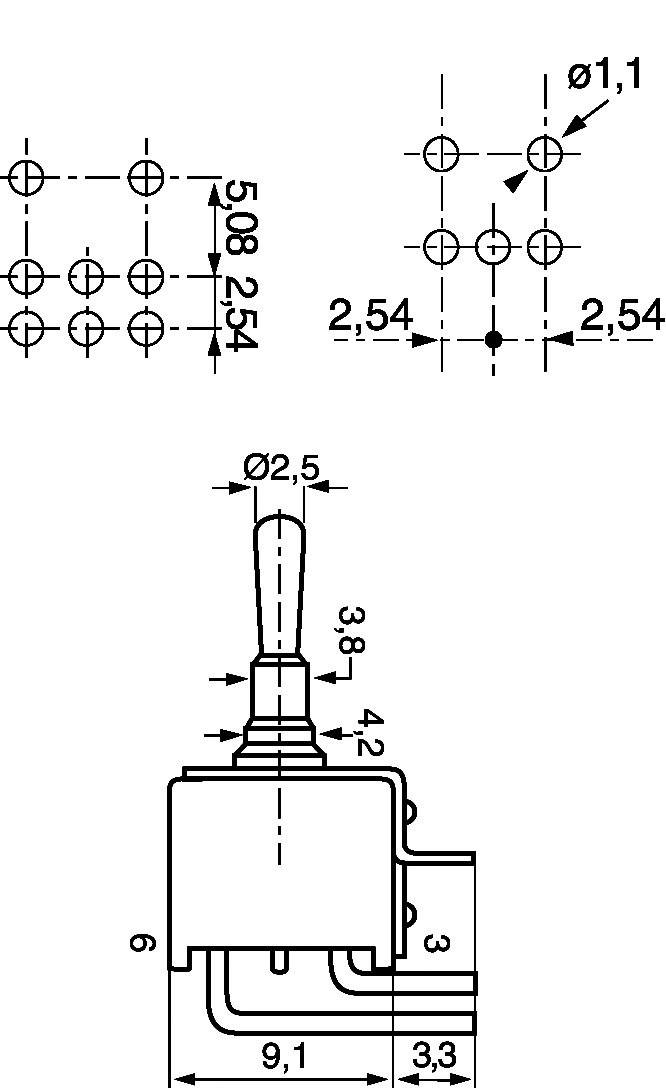 Ein technisches Diagramm eines Kippschalters mit genauen Maßen in Millimetern, einschließlich Pin-Abstände, Schaltergröße und -form.