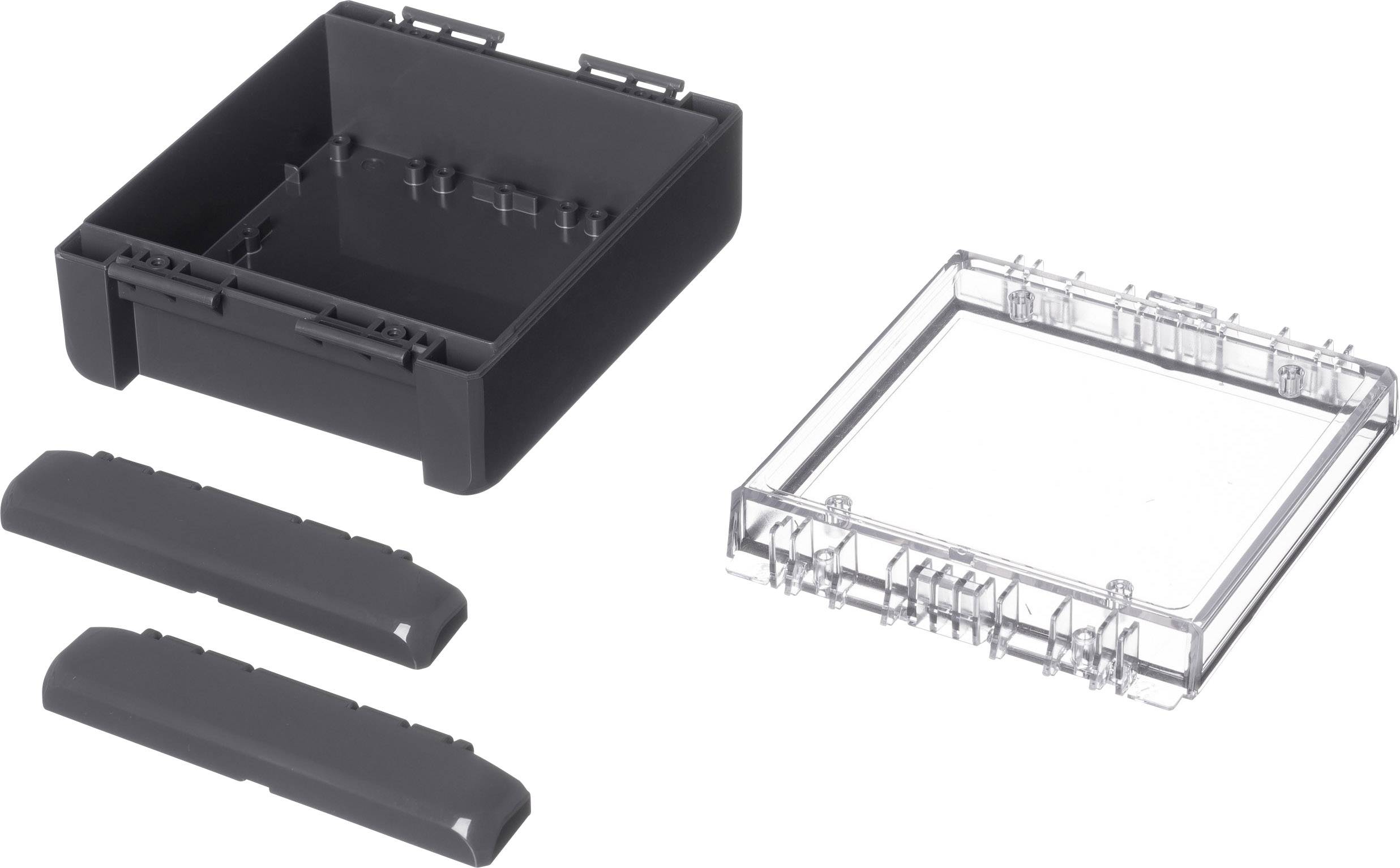 Schwarzes Gehäuse und transparente Abdeckung mit grauen Abdeckplatten, wahrscheinlich Teile eines Elektronikprojekts.