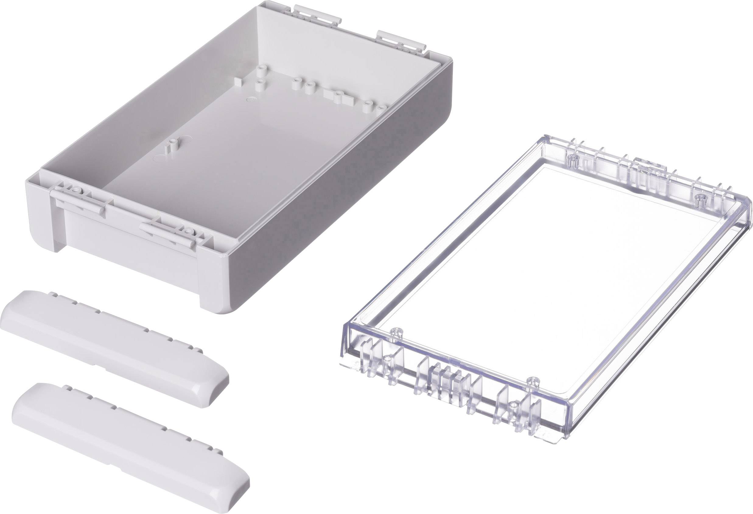 Weiße rechteckige Kunststoffbox mit abnehmbarem transparentem Deckel und zwei separaten weißen Endkappen, auf weißem Hintergrund.