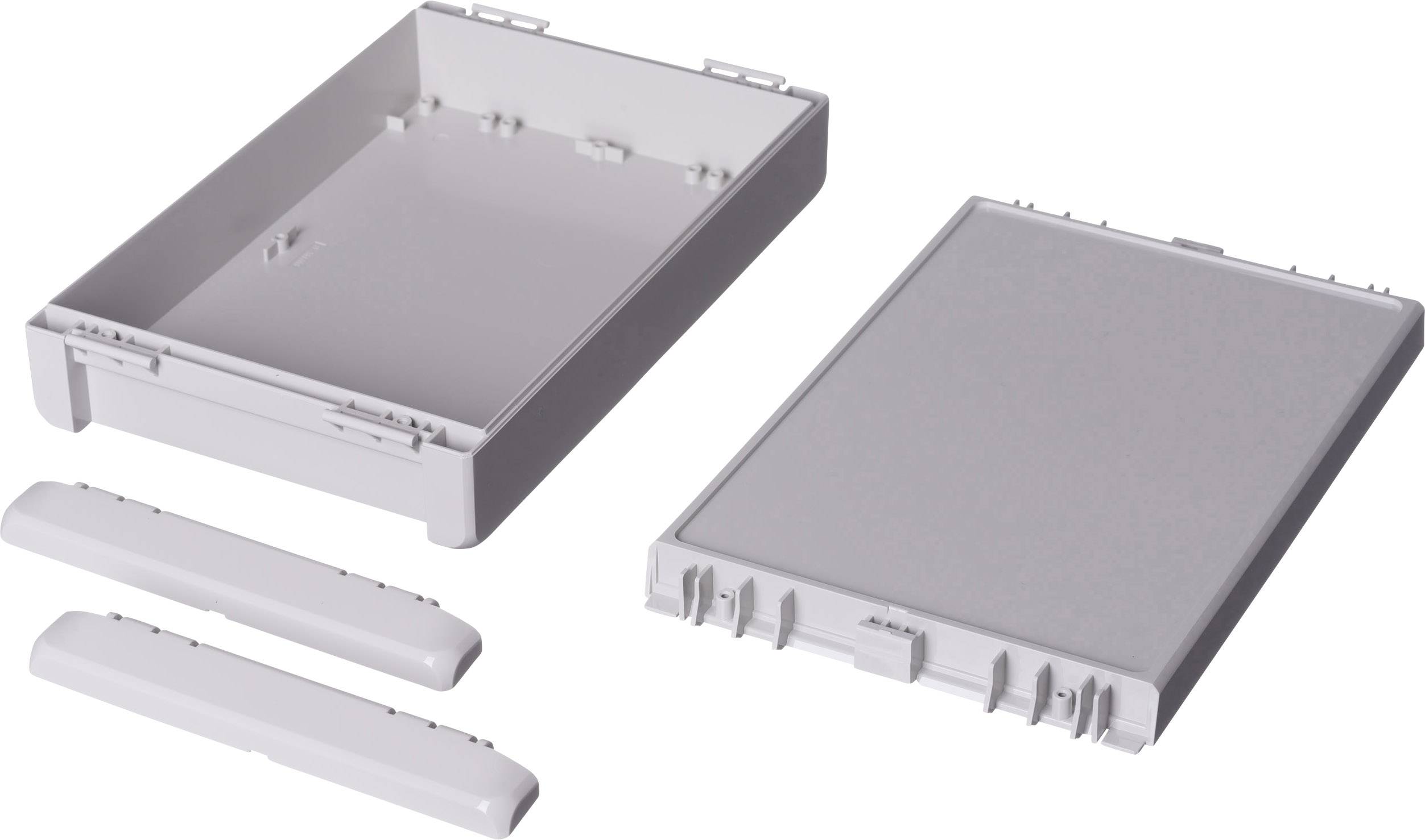 Gehäusebausatz für Elektronik mit zwei Gehäusedeckeln und Steckverbindern auf weißem Hintergrund. Ideal für individuellen Zusammenbau.