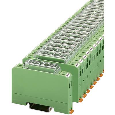 Eine Reihe grüner Industrie-Module, angeordnet in einer Linie, zeigt die Frontansicht für elektrische oder elektronische Anwendungen.