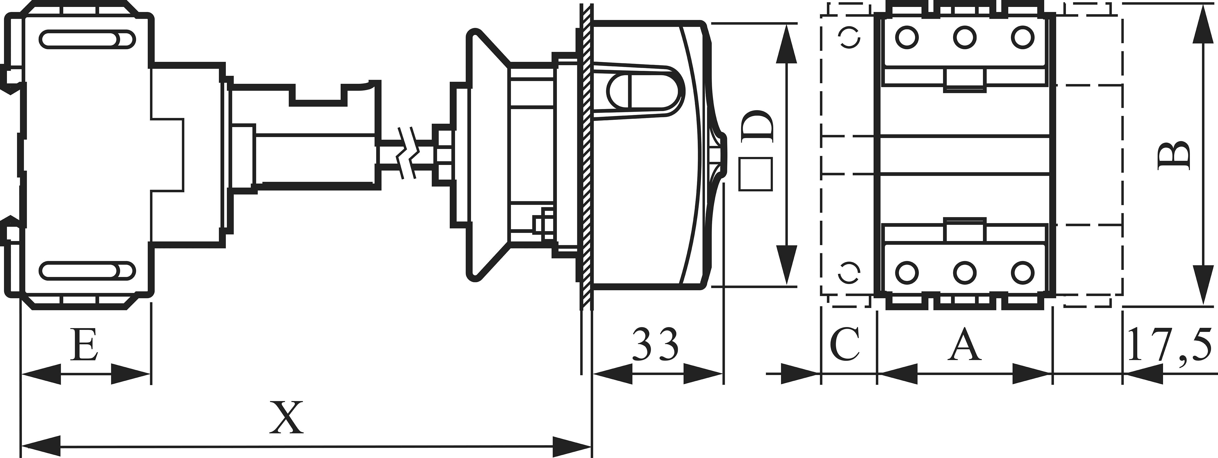 Technische Zeichnung eines elektrischen Schalters mit Abmessungen (E, X, A, B, C) und Draufsicht. Zeigt die Struktur und Anschlussdetails.