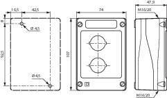 'Dreiseitige Skizze eines elektronischen Geräts mit Abmessungen. Zeigt Vorder-, Seiten- und Draufsicht mit technischen Details.'