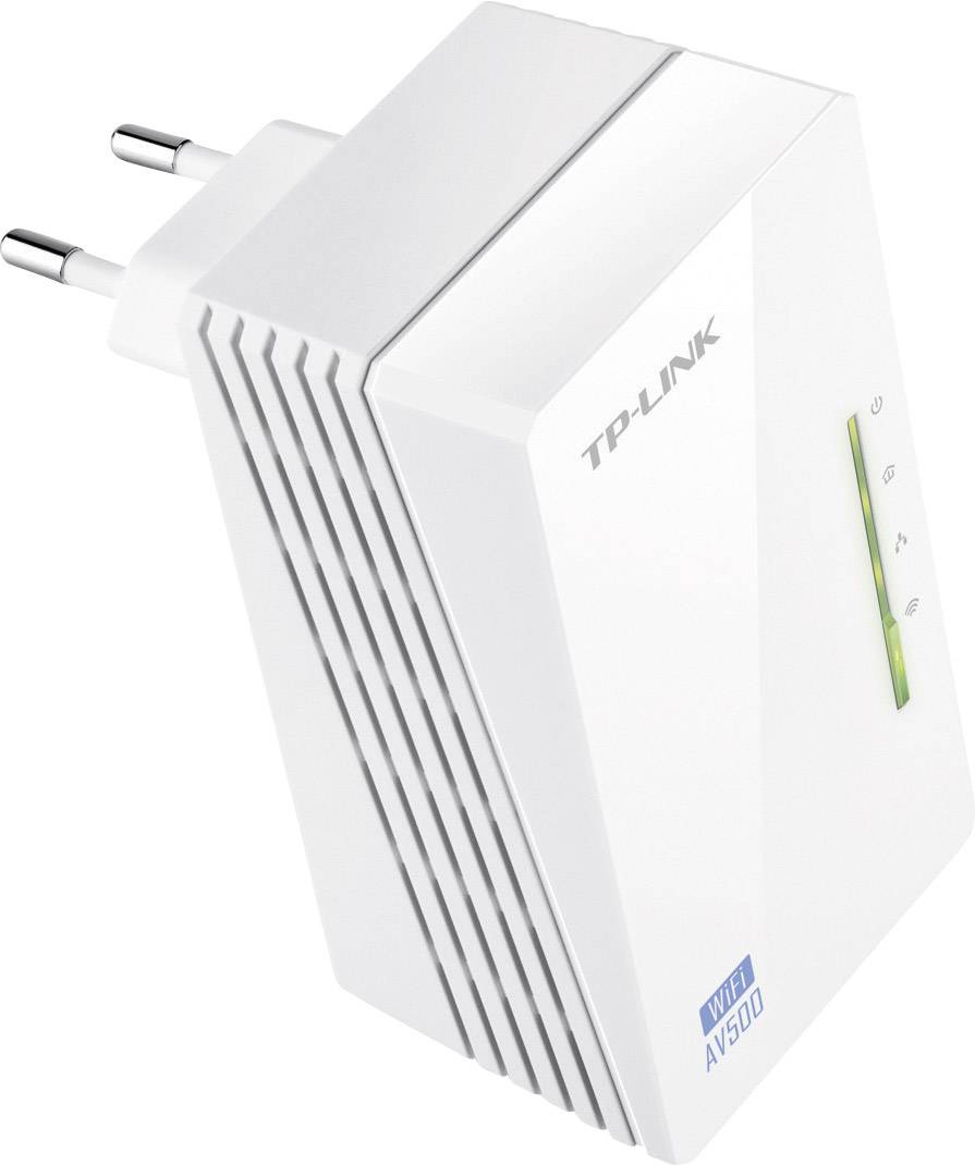 Ein weißer TP-Link WiFi Repeater Modell AV500 mit Steckdosenanschluss und vier LED-Anzeigen an der Vorderseite.