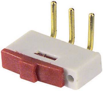 Ein kleiner, rechteckiger Schiebeschalter mit rotem Schieber und drei goldenen Anschlusspins, geeignet für elektronische Schaltungen.