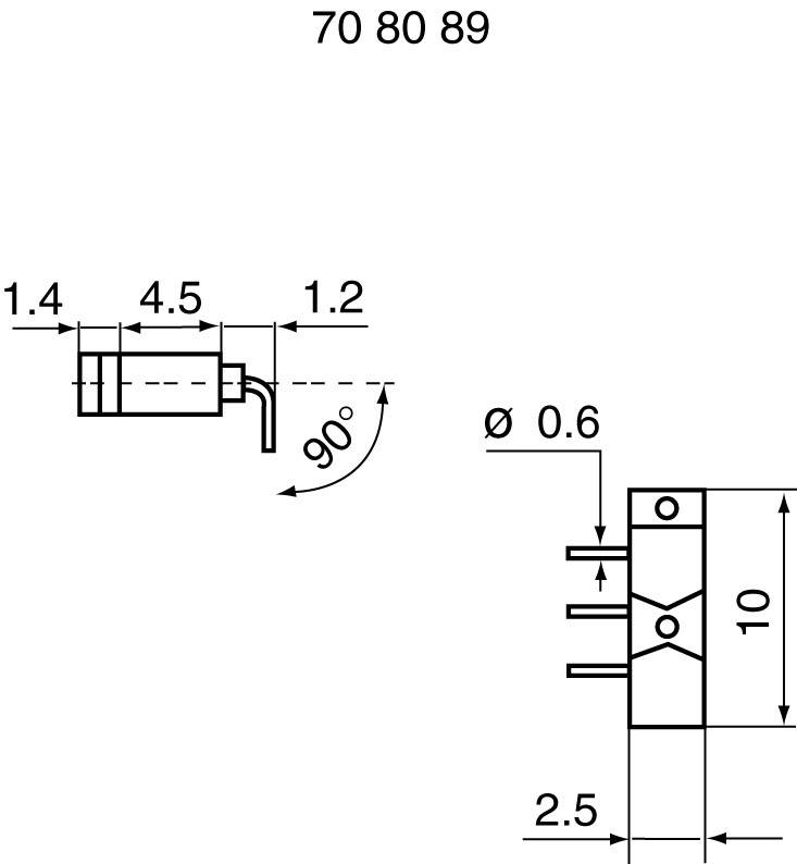 Technische Zeichnung eines elektronischen Bauteils mit Maßen; zeigt Seiten- und Frontansicht, Längen- und Durchmesserangaben.