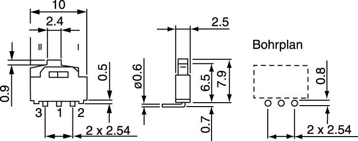 Technische Zeichnung eines elektronischen Bauteils mit Maßangaben. Detailansicht zeigt Anschluss-Pins und Bohrplan mit Abmessungen.