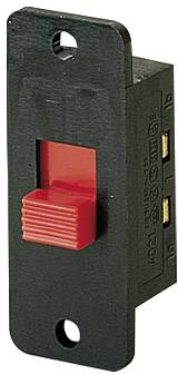 Schwarzer Kippschalter mit rotem Hebel in der Mittelposition, an einer rechteckigen Metallplatte montiert.