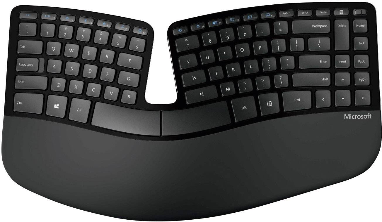 Schwarze ergonomische Tastatur mit geteilter Anordnung, gebogenen Tastenreihen und gepolsterter Handballenauflage für komfortables Tippen.
