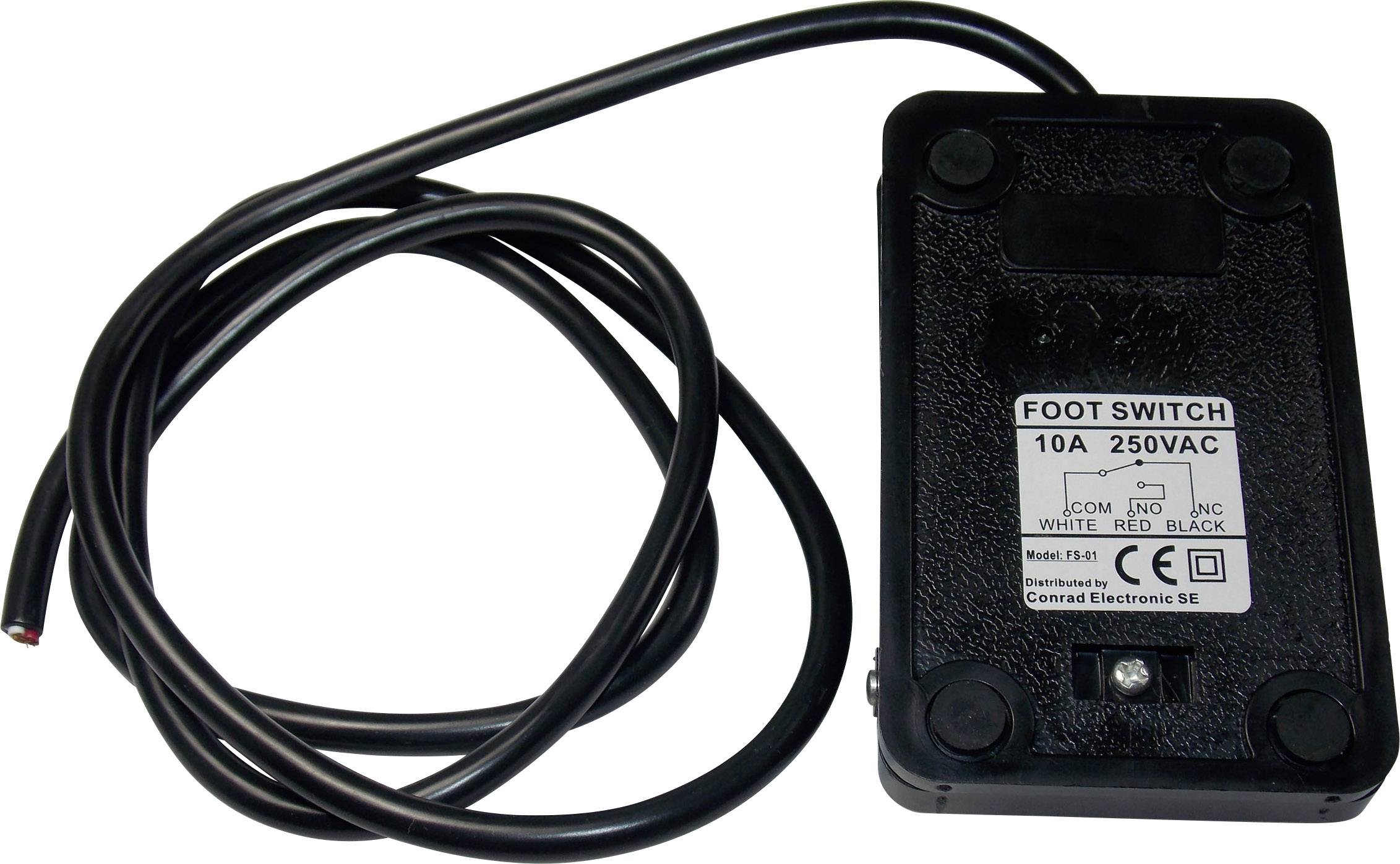 'Fußschalter 10A 250VAC' mit Kabel. Schwarzes rechteckiges Gehäuse, beschriftet mit technischen Details und Anschlüssen.