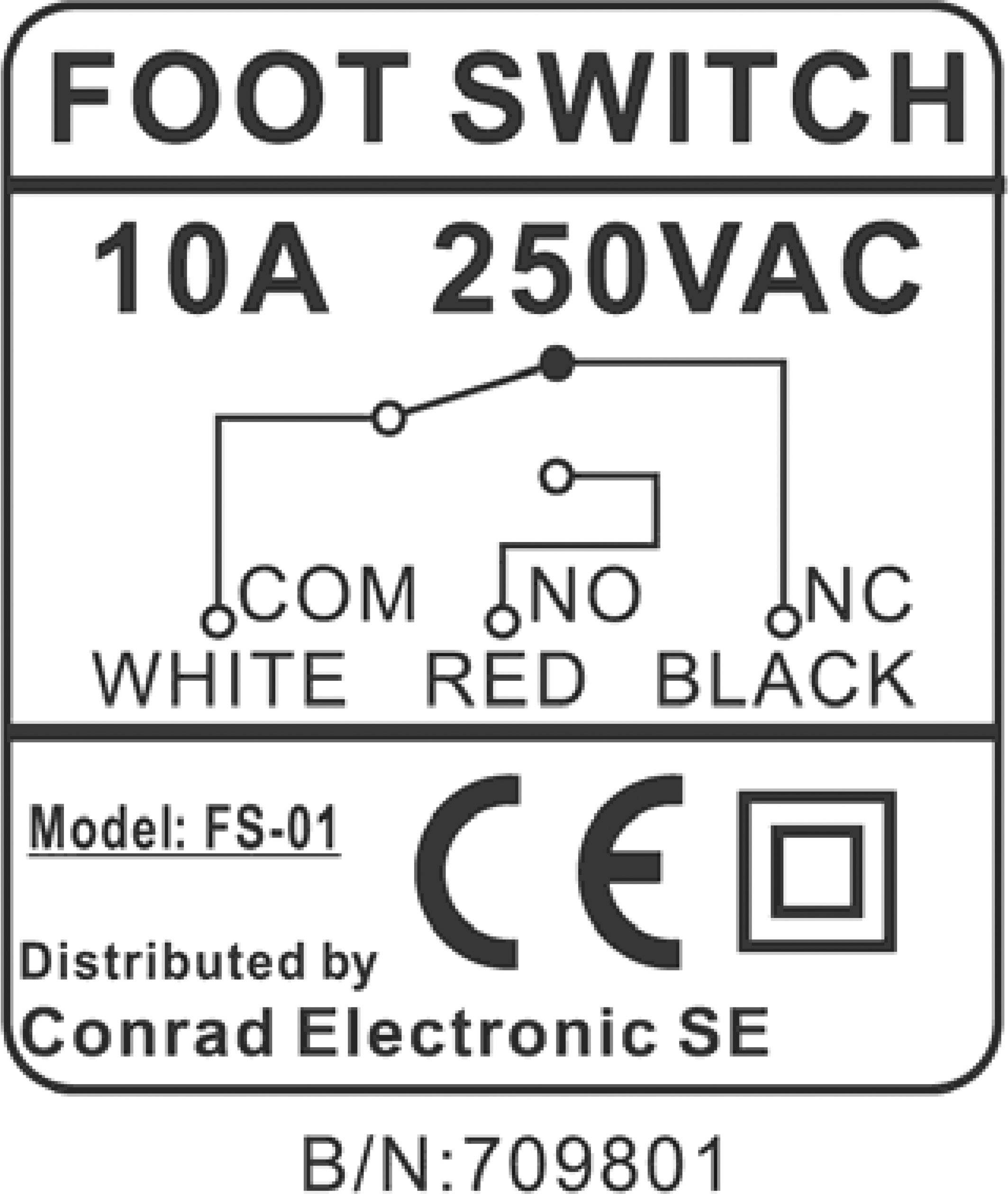 Etikett eines Fußschalters; zeigt die Schaltkreise für COM (weiß), NO (rot) und NC (schwarz), 10A 250VAC. Modell FS-01. CE-Zeichen.