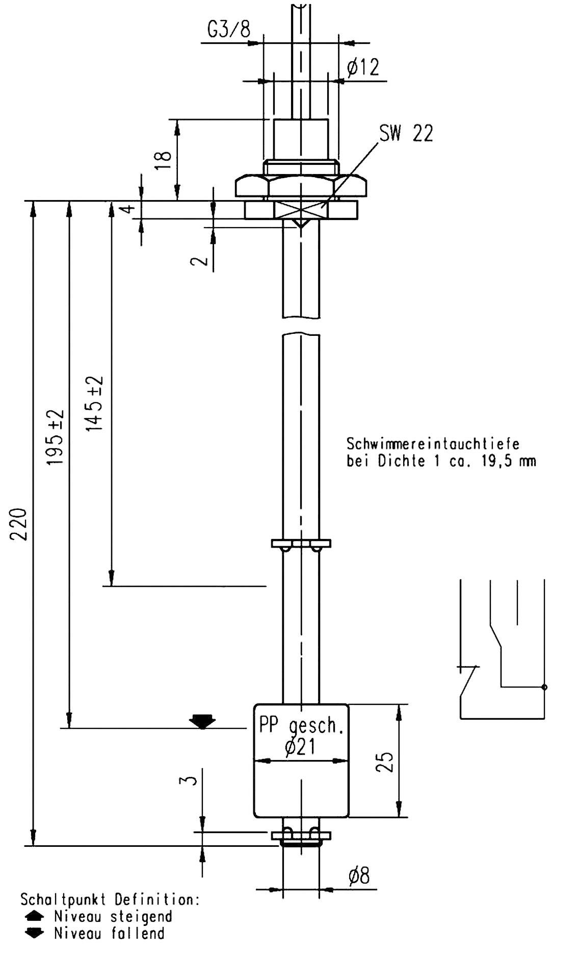 Technische Zeichnung eines Schwimmerschalters mit Maßen und technischen Details. Markierungen für Verschraubung, Eintauchtiefe und Material.