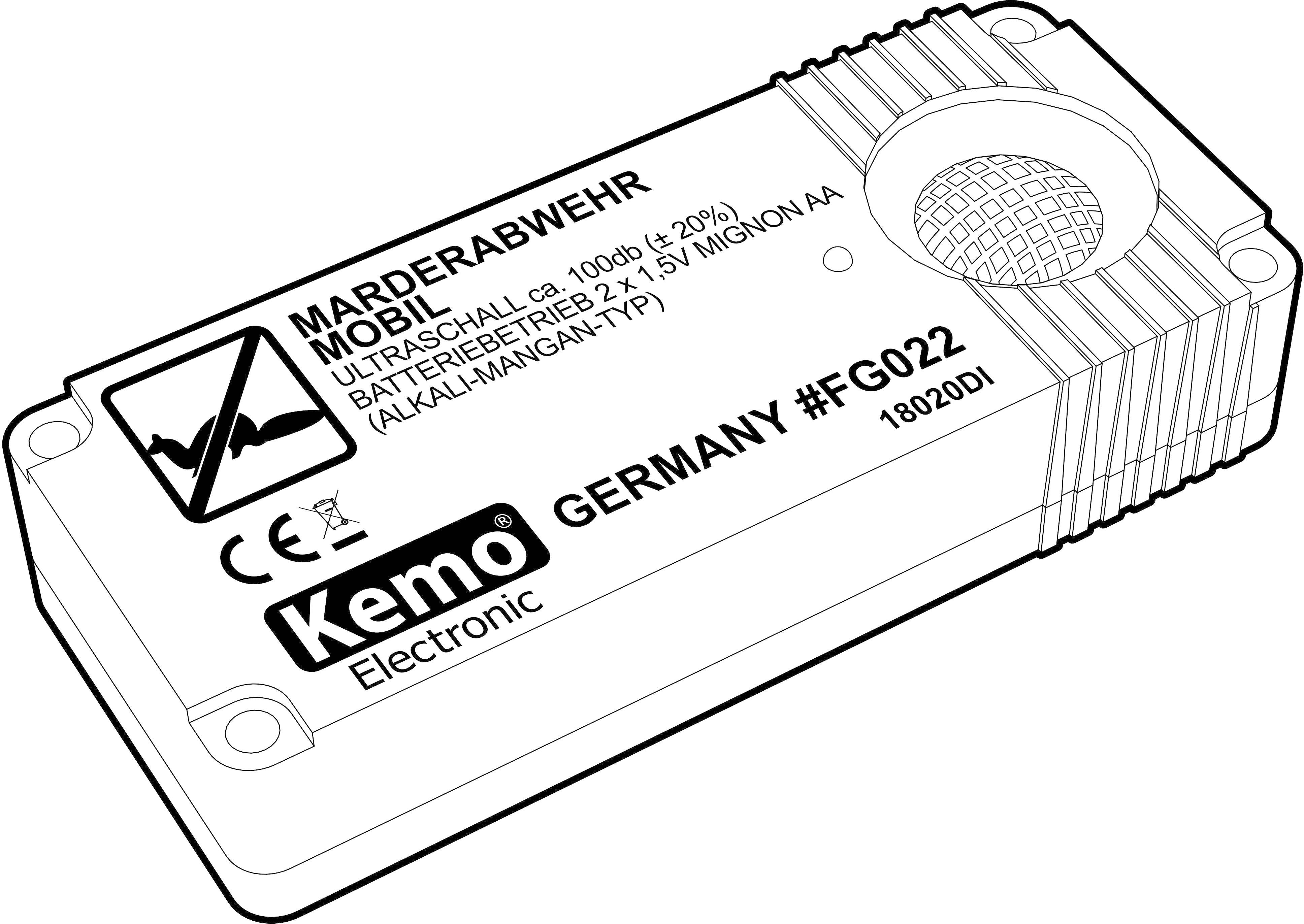 Ein Ultraschall-Marderabwehrgerät mit Kemo-Logo. Es wird mit AA-Batterien betrieben und sendet Töne von 8-40 kHz aus.