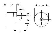 Technische Zeichnung eines Bauteils mit Abmessungen und Bohrungsmaß. Links Detailansicht, rechts Draufsicht mit Kreis und Kreuzmarkierung.