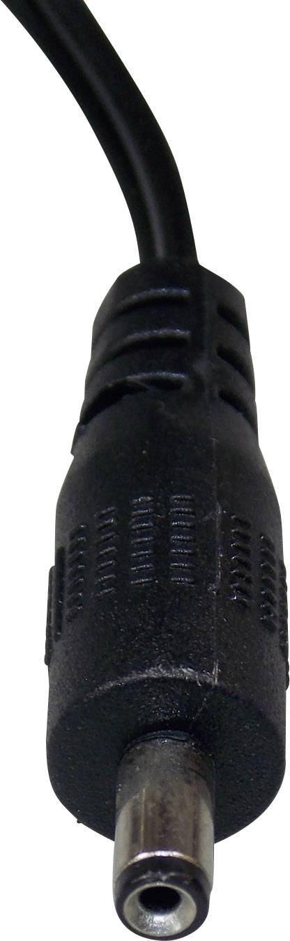 Ein schwarzer DC-Stecker mit Kabel. Er wird typischerweise für die Stromversorgung elektronischer Geräte verwendet.