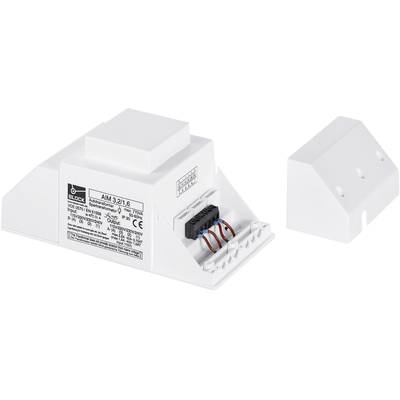 Ein weißer elektronischer Baustein mit abgenommenem Deckel zeigt innenliegende Kabelanschlüsse. Auf der Oberfläche befindet sich ein Etikett mit technischen Details.